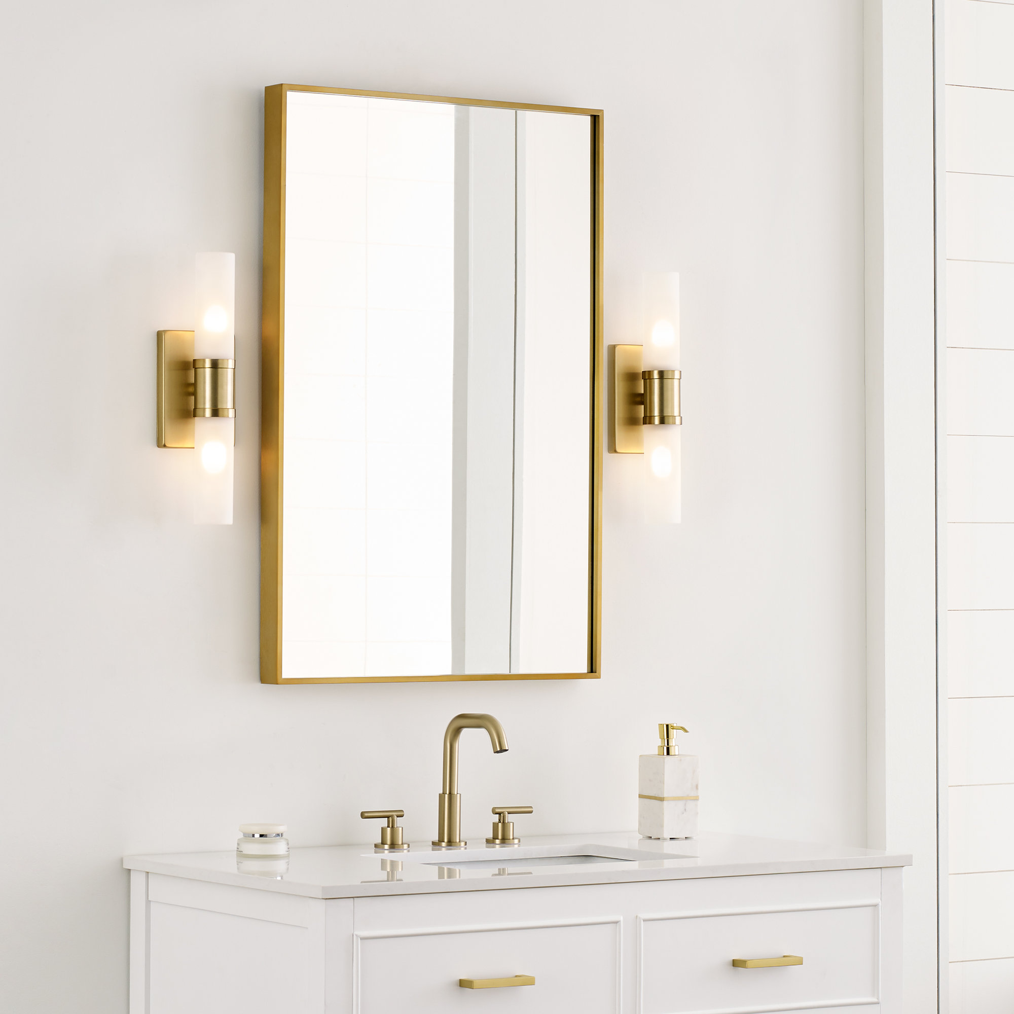 Evelien 2 Light Frosted Dimmable Vanity Light, Satin Brass, 16" H x 5" W x 3.63" D, 40 W