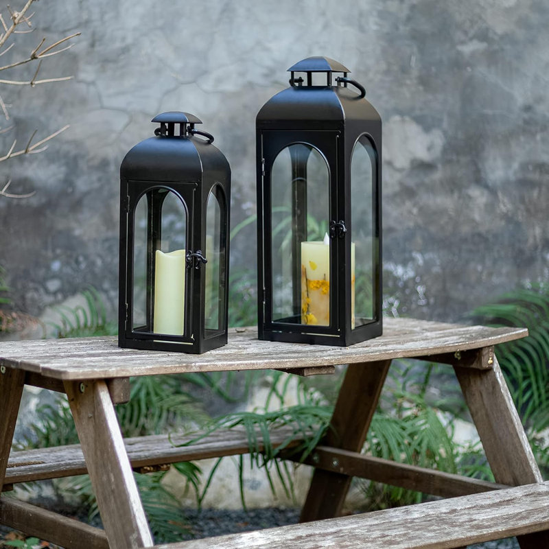 Black Metal Hurricane Lantern with Clear Glass Panels, 2, 20" H x 6.3" W x 6.3" D