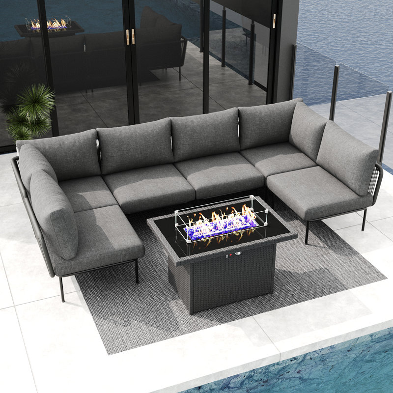 Layinsun Outdoor Patio Woven Rope Wicker Modular 7 Pieces Sectional Set With Fire Pit Table And Cushions, Dark Gray