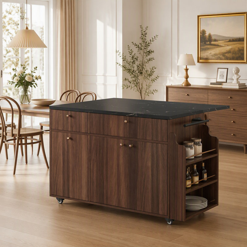 Chariot pour îlot de cuisine roulant avec rallonge rabattable, plateau en marbre noir, tiroirs et plusieurs options de rangement pour les cuisines modernes