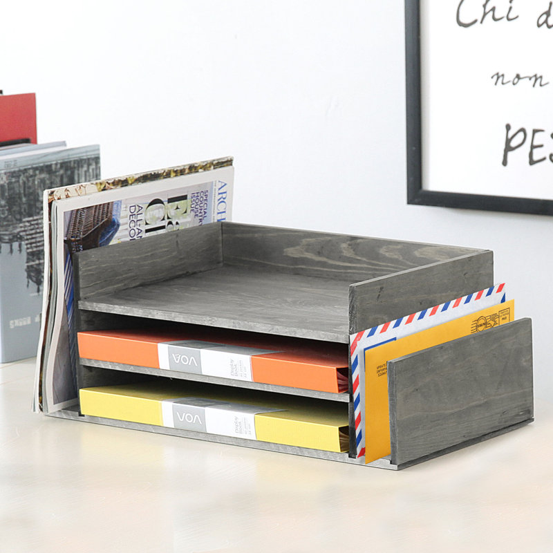 Solid Wood 3-Tier Document File Organiser, Grey