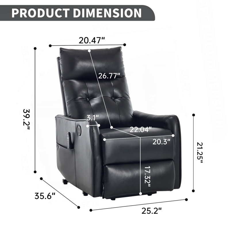 PU Single Motor Power Lift Recliner Chair With Massage And Heat For Elderly, Heavy Duty Motion Mechanism And One USB For Charging, Max Reclining Angle 155°