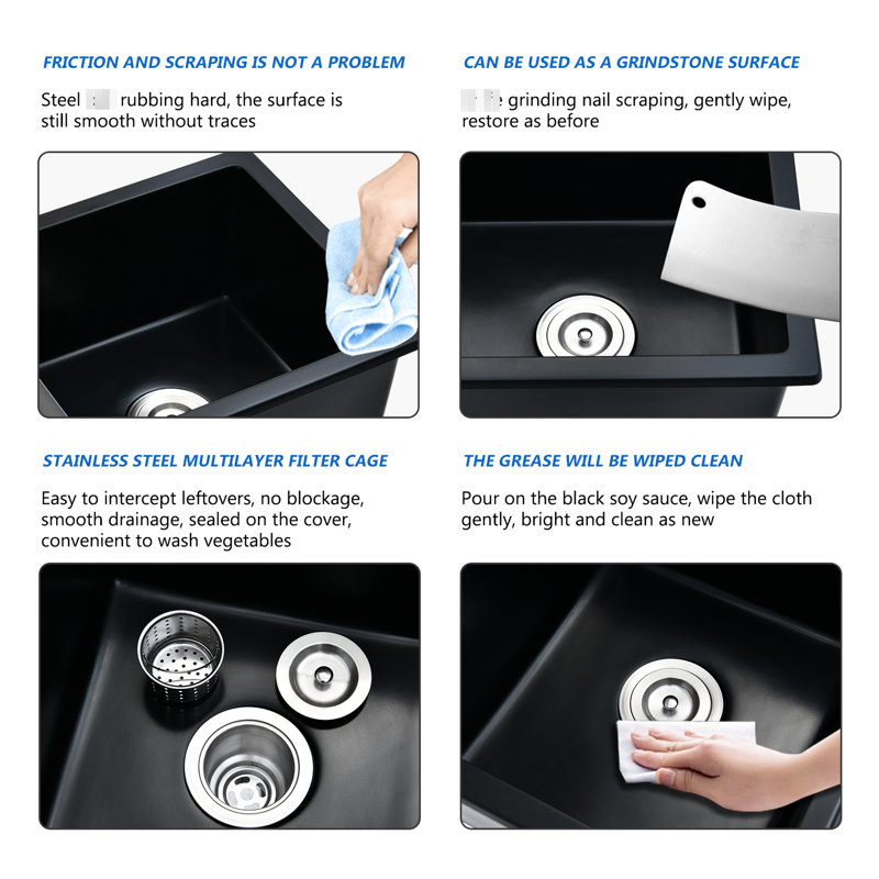 Évier à quartz encastrable L 18 po x l 16 po, noir mat, résistant à la chaleur, aux taches, aux égratignures, à la rouille, à la chaleur fiable, à la surface facile à nettoyer