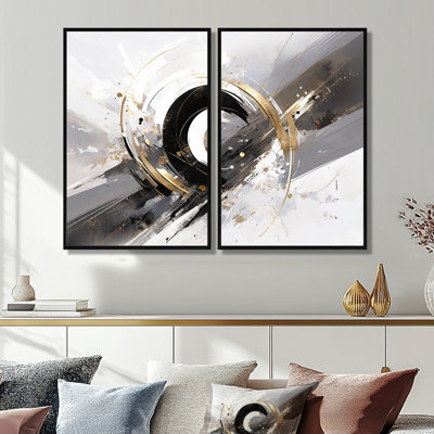Tourbillons à multiples facettes or gris - Cubisme abstrait, impressions sur toile 2 panneaux