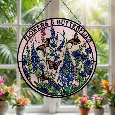 12"H Flowers Butterflies Stained Glass Window Panel
