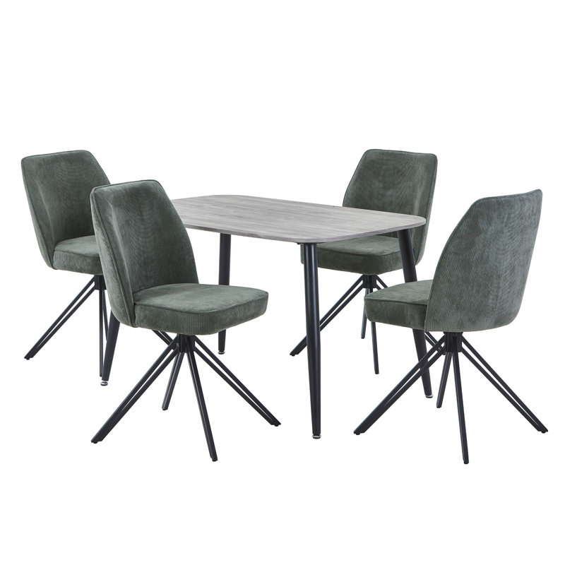 Aspen Rectangular Dining Table with 4 Swivel Upholstered Fabric Chairs - Modern Dining Set, Green, Grey Oak