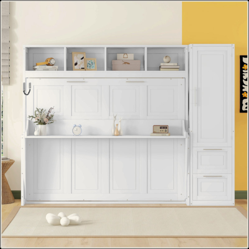 Lit escamotable Murphy avec placard et tiroirs, Blanc