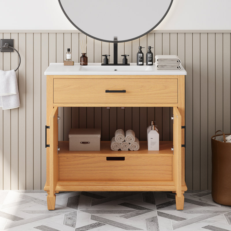 36" Bathroom Vanity With Ceramic Sink, Modern Bathroom Sink Cabinet With 2 Soft Close Doors And 3 Drawers, Free-Standing Bathroom Vanity With Solid Wood Legs And Large Space Storage