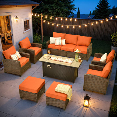 Lou 7 - Person Outdoor Conversation Set, Wicker Patio Sofa & Chair Set with Fire Pit and Cushions