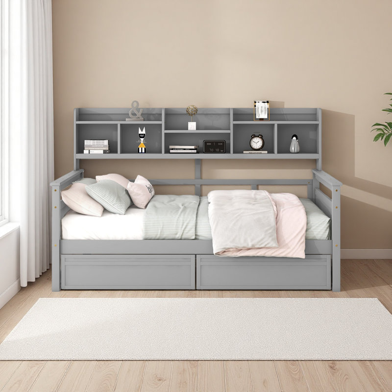 Full Size Daybed, Wood Slat Support, With Bedside Shelf And Two Drawers, Grey