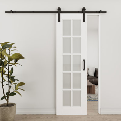 Porte de grange coulissante en verre givré blanc et bois manufacturé 10 Lite avec trousse de quincaillerie d'installation (aucun assemblage requis)
