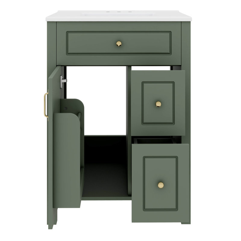 Meuble-lavabo de 24 po avec lavabo en céramique, 1 porte à fermeture en douceur et 2 tiroirs à fermeture en douceur, Vert
