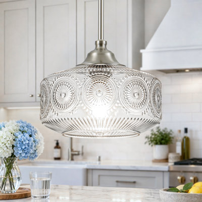 Alejo 9.45'' 1-Light Sunburst Patterned Glass Pendant Light for Kitchen Island