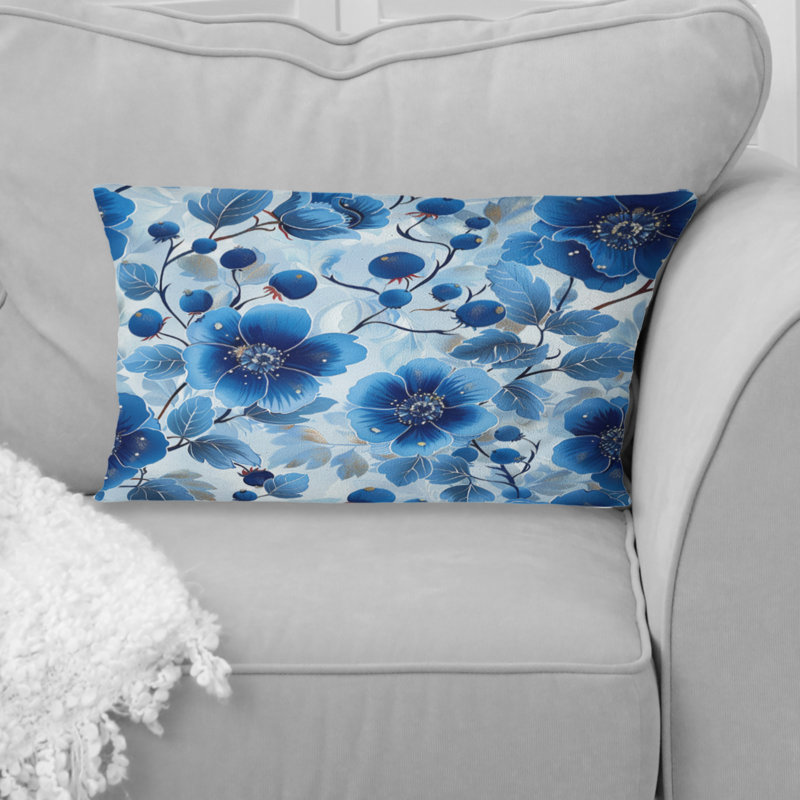 Coussin lombaire glamour Flower Gardens, Bleu / argent