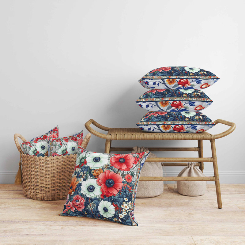 Coussin en simili suède à motif floral, Bleu/rouge/orange, Carré 18 po