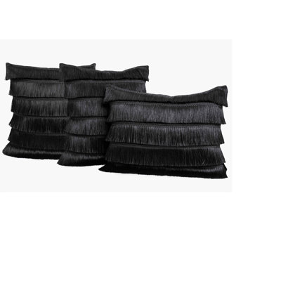 Set Of 3 Fringe Decorative Lumbar Pillow Covers – 14"X20" – Textured Accent Cushion Cases