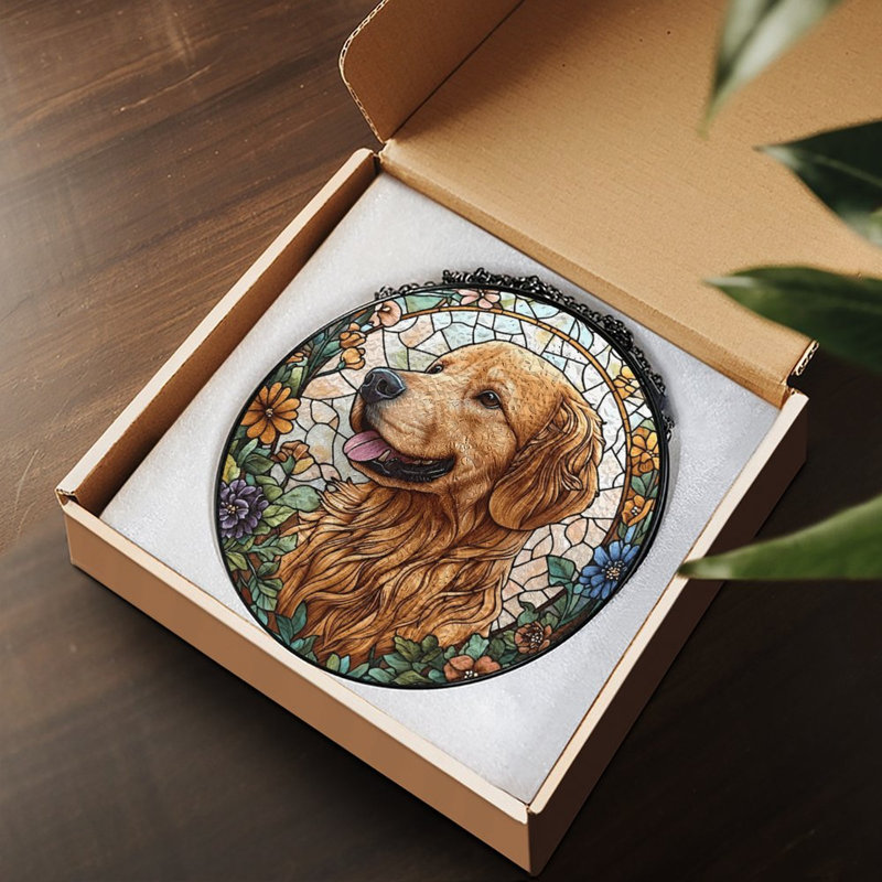 Golden retriever en verre coloré vitrail pour fenêtre, 11.8x11.8in(30x30cm)