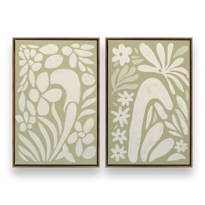 Ensemble de 2 impressions «Whimsy in Bloom», Cadre flottant en noyer, 18 po x 12 po