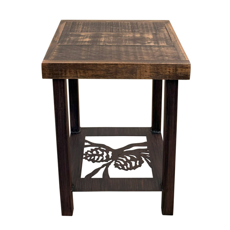 Table de bout carrée en fer avec un accent en pin et un plateau en bois brut