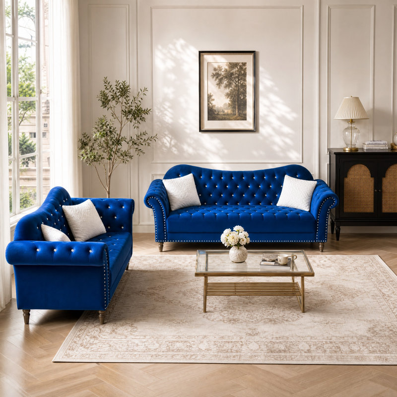 Ensemble de canapés chesterfield 2 pièces, Bleu