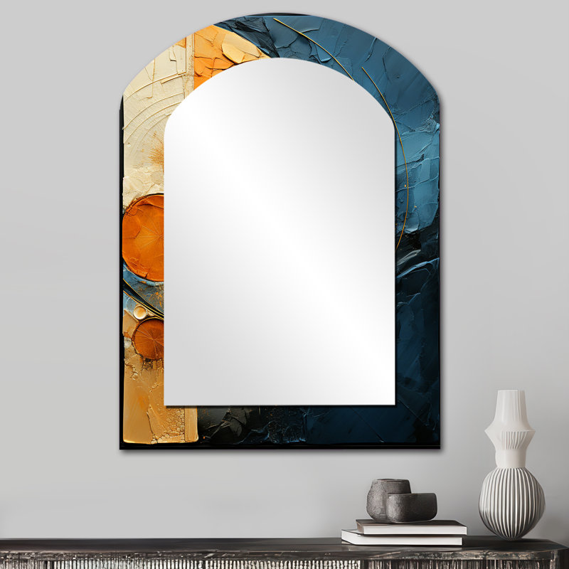 Gold Teal Abstract Spirals I - Abstract Spirals Asymmetrical Large Mirror, Modern Arch Decorative Wall Mirror, Printed Metal Art