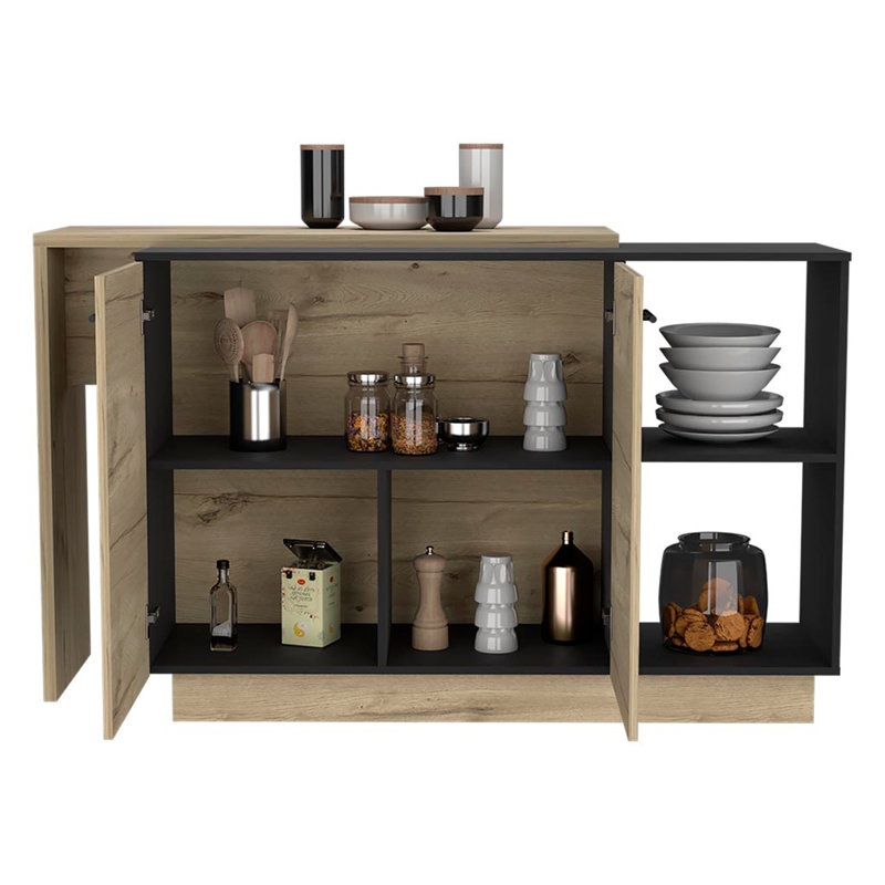 Sicilia Kitchen Island, Two  External Shelves, Double Door Cabinets, Three Shelves -Black / Light Oak, Natural/Black