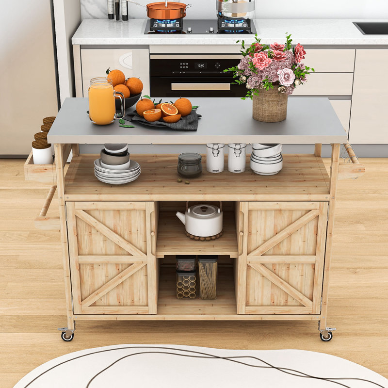 Miho Rolling Kitchen Island with Storage Cabinet, Grill Table with Stainless Steel Top and Spice Rack, Natural