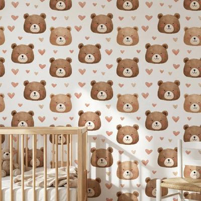 Mignon ours, papier peint, cœurs, aquarelle, décoration murale