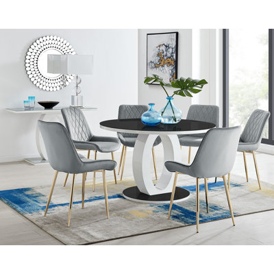 Scottsmoor High Gloss Round Dining Table Set with Luxury Velvet Upholstered Dining Chairs
