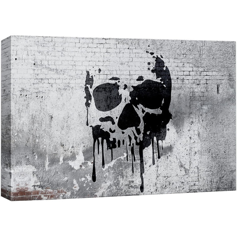 «Melting Skull On Gritty Grey City Wall Abstract Shapes», impression sur toile, H 32 po x l 48 po x P 1,5 po, Toile tendue