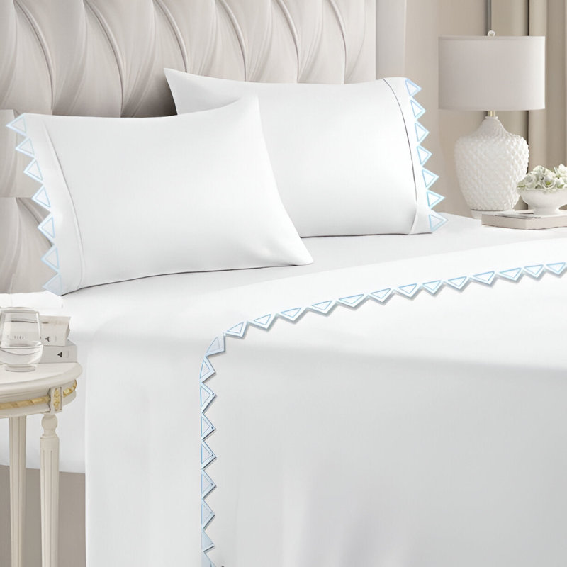 Ashley 400TC Cotton Traingle Embroidery Cotton 4 Piece Sheet Set Fitted Sheet Fits Upto 16" Deep Pocket, Queen Sheet Set