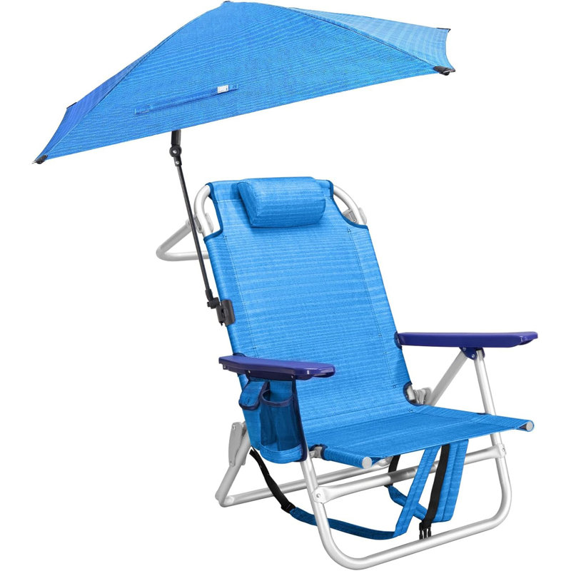 Beach Chair, Backpack Chairs For Adults With Adjustable Umbrella， Adjustable Lounge Chair For Seaside, Dark Blue, 1