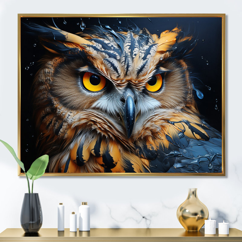 Hibou jaune hypnotisant III, H 12 po x l 20 po x P 1 po, Cadre flottant doré