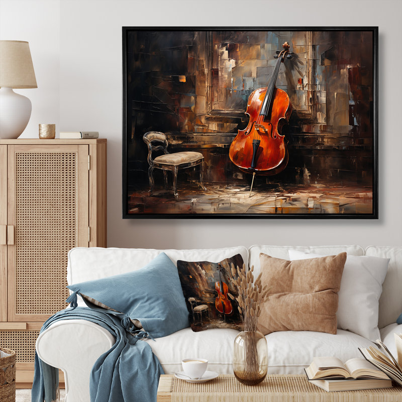 Violoncelle charisma profond bourgogne III sur toile, Cadre flottant noir, 16" H x 32" W