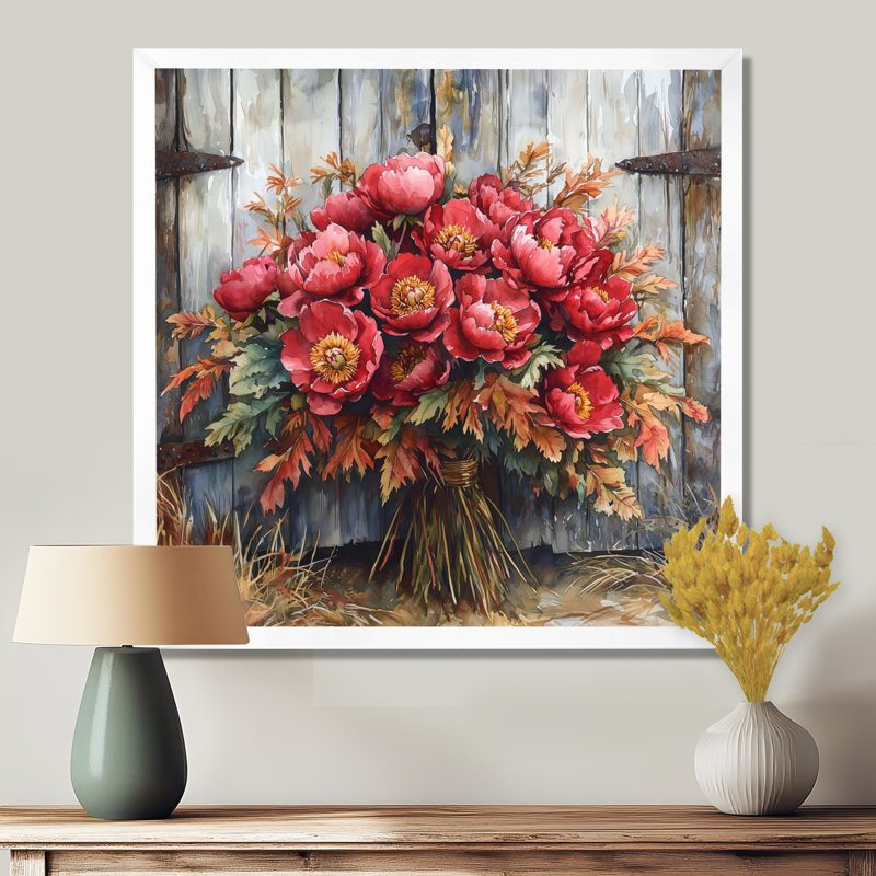Rustic Charm Peony Bouquet - pivoines, art mural, Reproduction encadrée d'une seule photo, H 16 po x l 16 po, Blanc