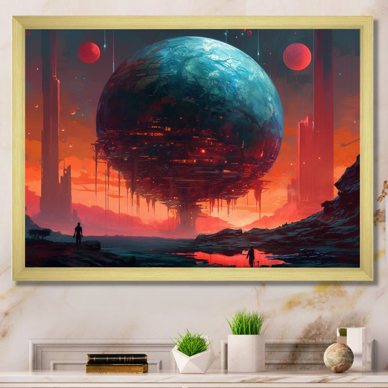 Planète planant dans un univers I, reproduction d'art sur toile, Encadrement doré, H 24 po x l 32 po x P 1 po
