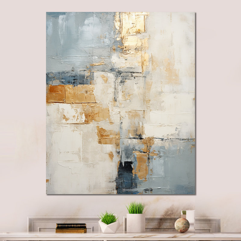 «Abstract Beige Gold Road Collage» sur métal, H 40 po x l 30 po