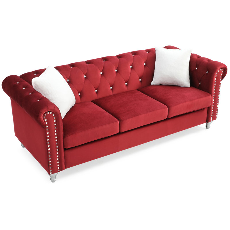 Julianne 82" Rolled Arm Chesterfield Sofa, Burgundy Microfiber/Microsuede