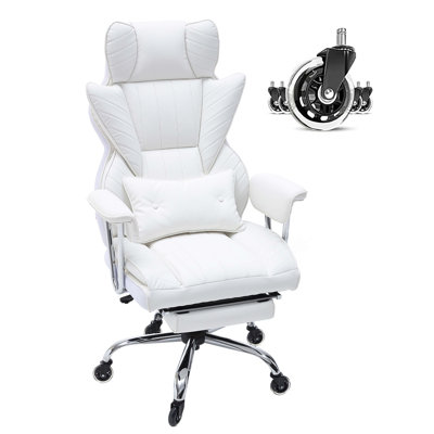 Chaise de bureau inclinable avec repose-pieds, chaise de bureau large en similicuir robuste, grandes et hautes chaises de bureau de direction avec support lombaire, roues silencieuses à base en métal robuste, blanc