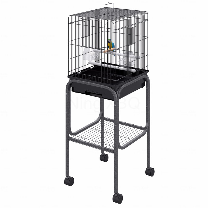 Cage à oiseaux intérieure en métal de 45 po, cage à perroquet, volière à oiseaux avec support roulant amovible, panier de rangement et accessoires