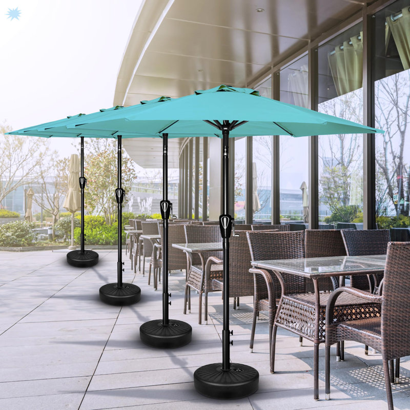 Parasol de table pour l'extérieur avec bouton-poussoir, H 90,09 po x l 90,09 po x P 89,83 po, Turquoise