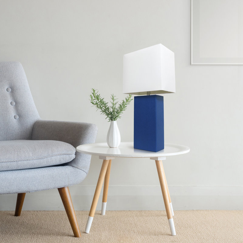 Lampe de table en cuir 21 po avec abat-jour rectangulaire en lin blanc, Non, Bleu, Transparent