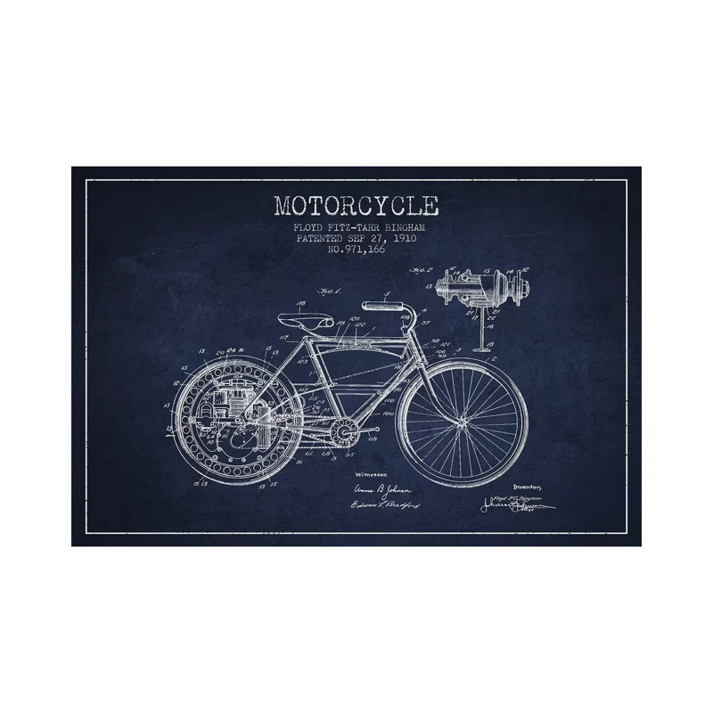 Floyd Bingham Motorcycle Patent Sketch (Navy Blue) by Aged Pixel - Wrapped Canvas Print, 20.32 cm H x 30.48 cm W