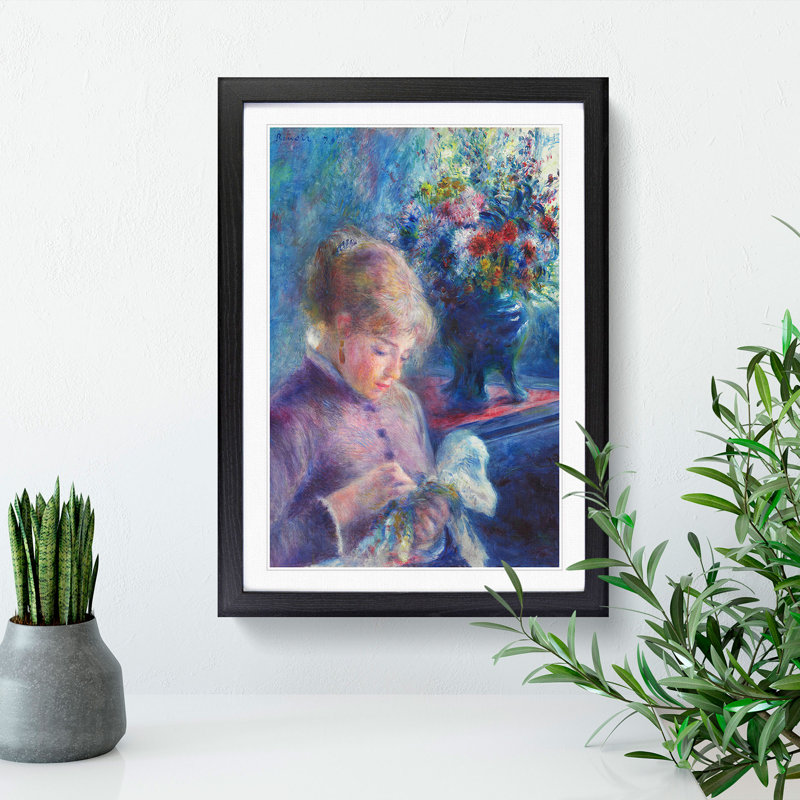 Young Woman Sewing by Pierre-Auguste Renoir - Picture Frame Painting, 65cm H x 48cm W x 2cm D, Black Framed
