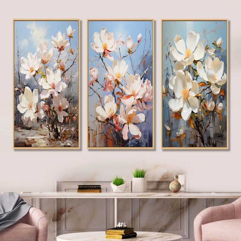 Perle de magnolia blanc dans un jardin ensoleillé - ensemble de 3 impressions sur toile magnolias, H 28 po x l 36 po
