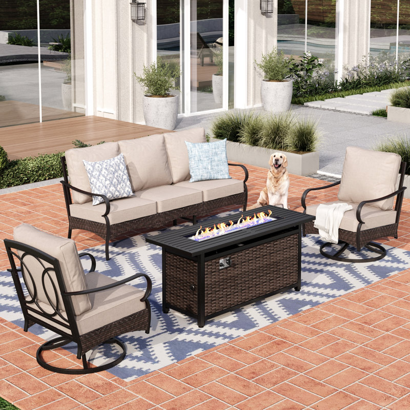 Ensemble de conversation pour patio 5 personnes avec chaises longues pivotantes, Beige