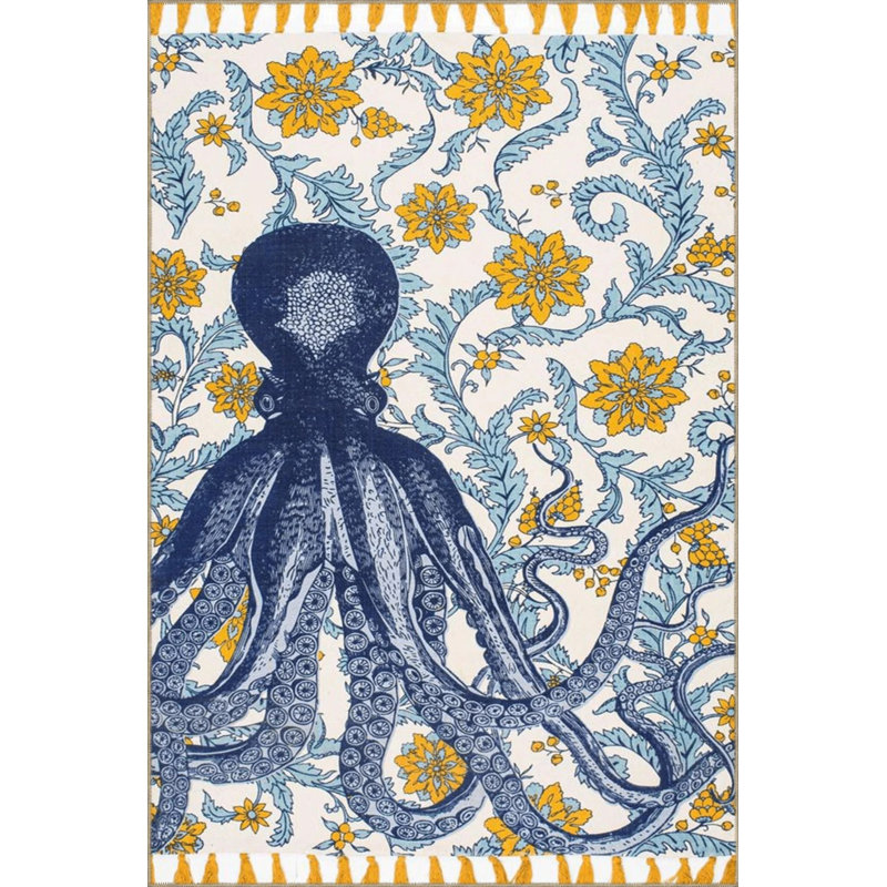 Tapis tissé à motif de pieuvre dans des tons de bleu, Rectangle 4 pi 8 po x 6 pi 7 po