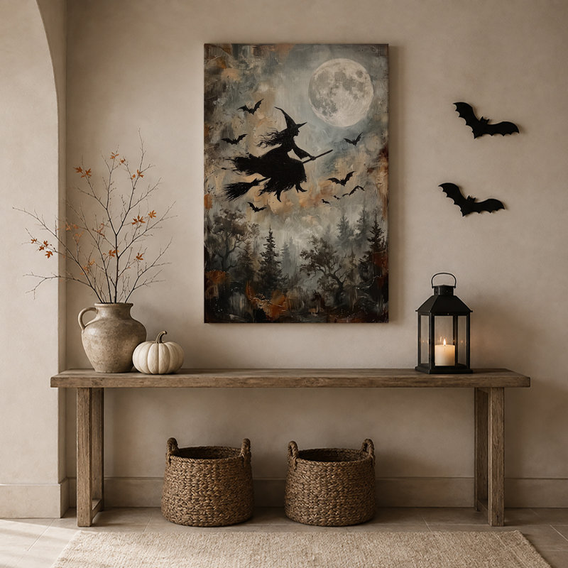 «Black Witch Silhouette Flying With Bats and Full Halloween», art mural sur toile, 24"H x 16"W