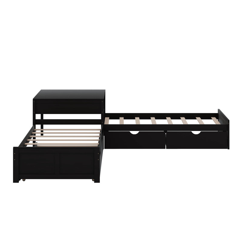 Lit plateforme simple en L avec lit gigogne, bureau et tiroirs, Espresso