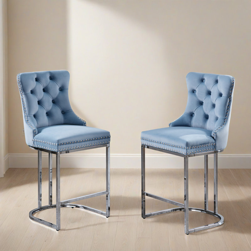 Tabourets de bar modernes à hauteur de comptoir en velours, tabourets de bar rembourrés avec base chromée (ensemble de 2)